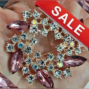 #Vintage #Rose Pink Marquis + Clear Rhinestone Round Floral #Brooch Pin